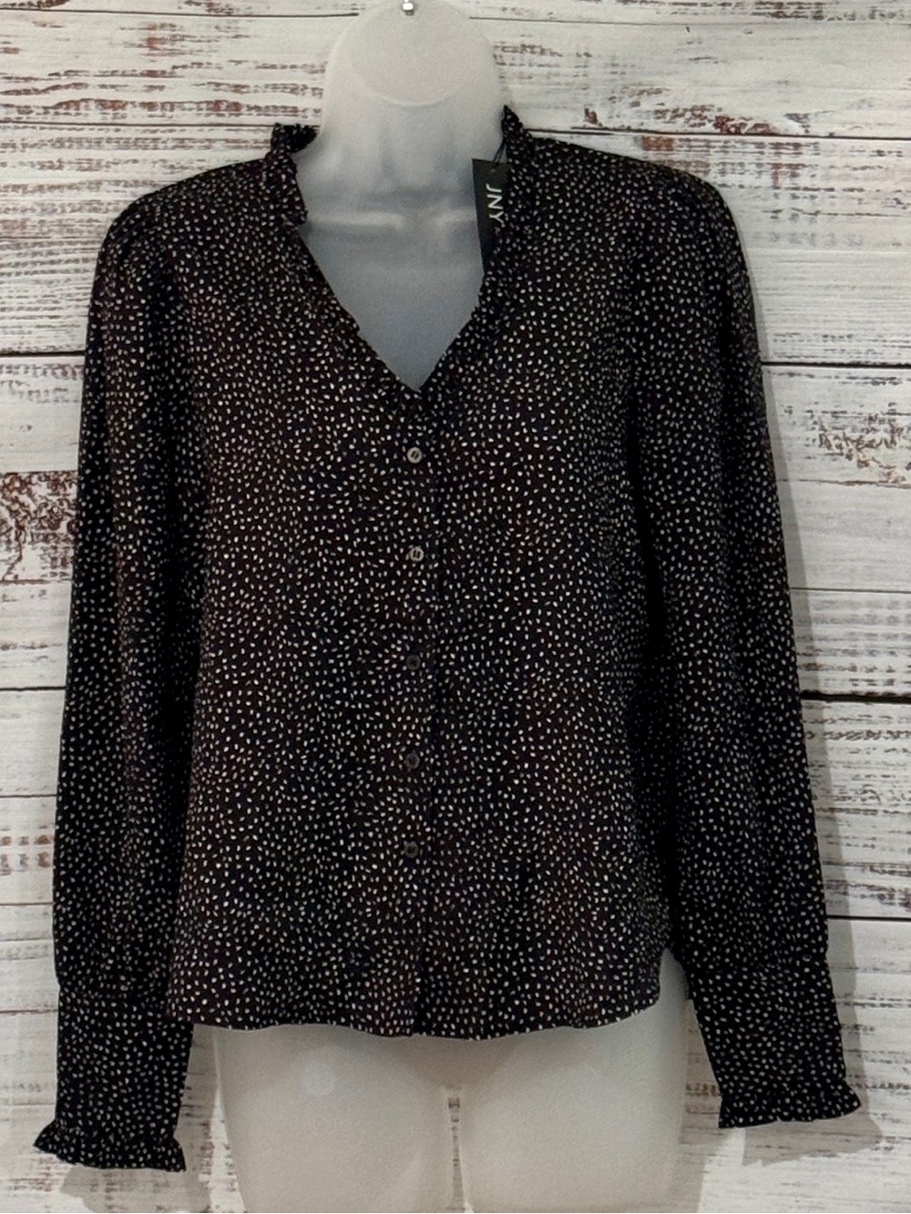 Jones New York Black Dot Print Button-Front Blouse NWT